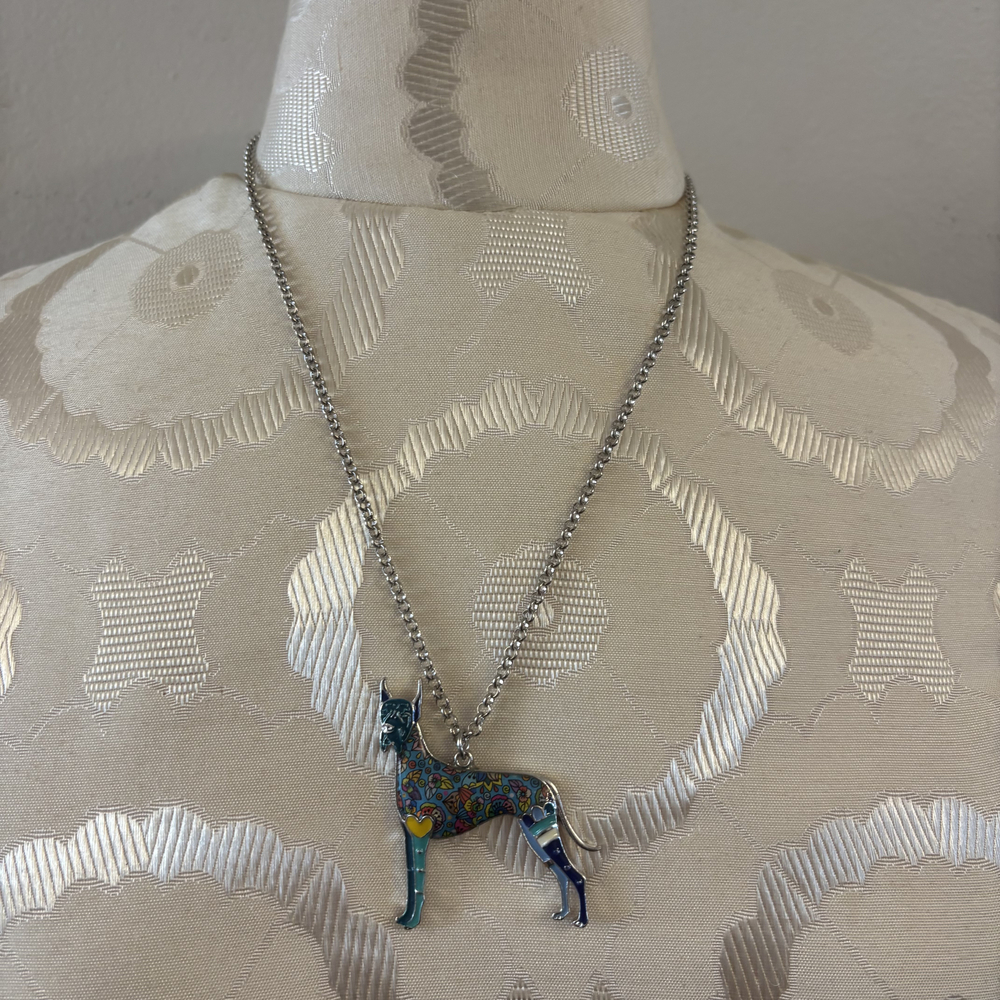 Colorful Enamel Greyhound Dog Necklace Silver Tone
